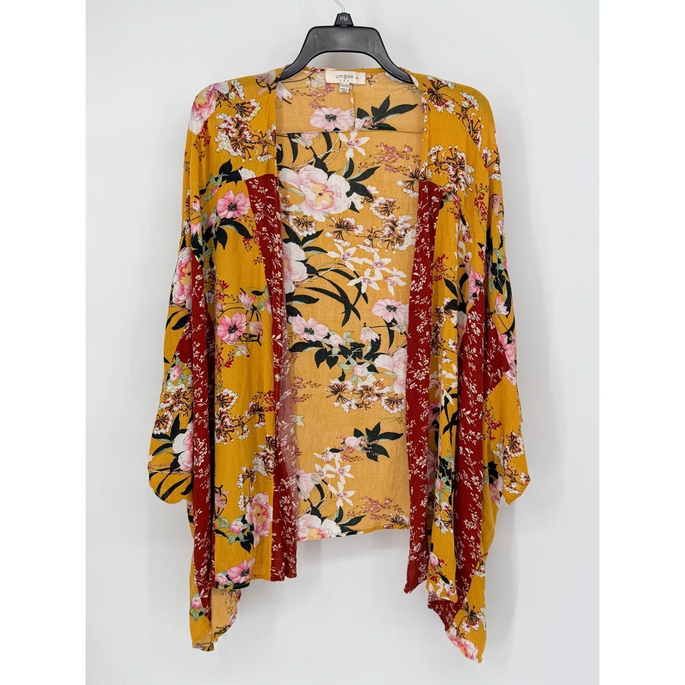 Umgee Kimono Cardigan Womens 1XL/2XL Mustard Yellow Floral Boho Excellent WA4625